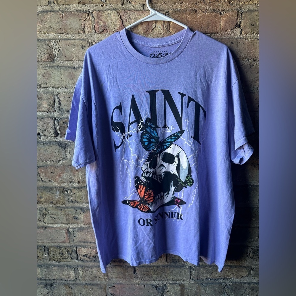 Purple Graphic Tee with Skull and Butterflies